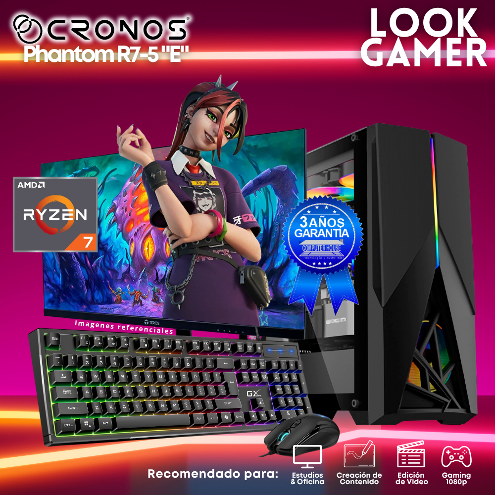 PC Look Gamer CRONOS Phantom R7-5 "E", RAM 8GB, SSD 500GB, Monitor 24″ FHD.