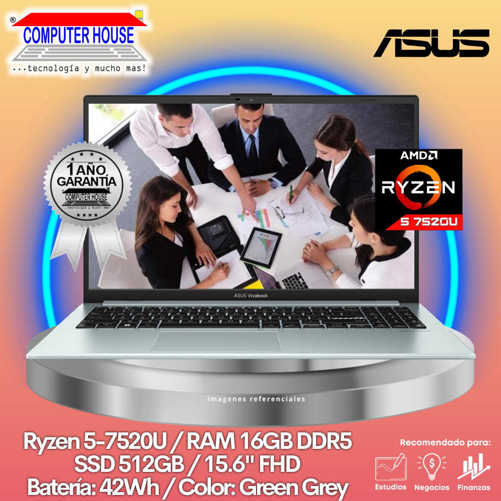 Laptop ASUS Vivobook Go 15, Ryzen 5-7520U, RAM 16GB DDR5, SSD 512GB, 15.6″ FHD, FreeDos.
