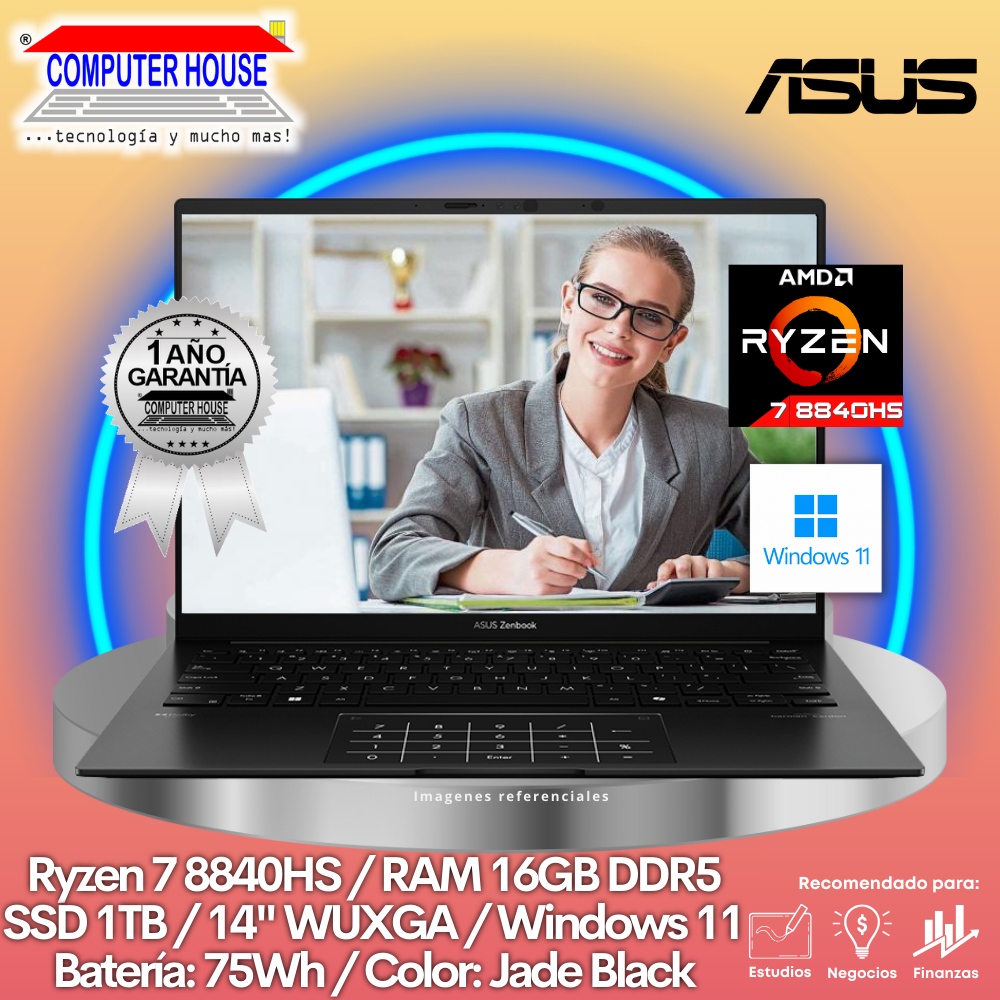 Laptop ASUS ZenBook UM3406HA, Ryzen 7-8840HS, RAM 16GB DDR5, SSD 1TB, 14″ WUXGA , Windows 11.