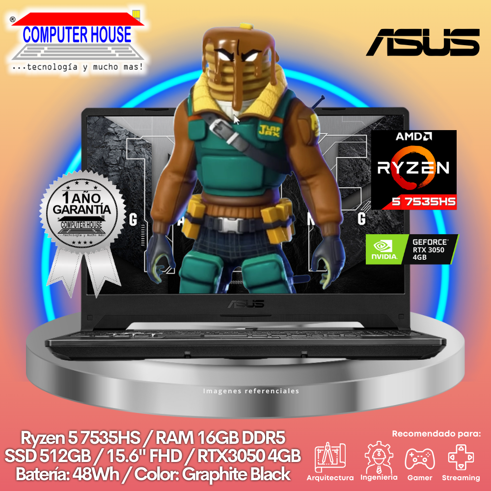 Laptop ASUS TUF Gaming A15, Ryzen 5-7535HS, RAM 16GB DDR5, SSD 512GB, Video RTX3050 4GB, 15.6