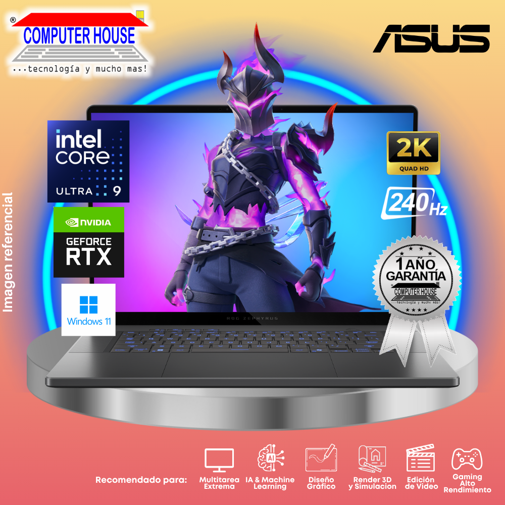 Laptop ASUS ROG Zephyrus G16, Core Ultra 9-285H, RAM 16GB DDR5, SSD 1TB, RTX5070 8GB, 16" 2.5K 240Hz, Teclado en Inglés, Windows 11.