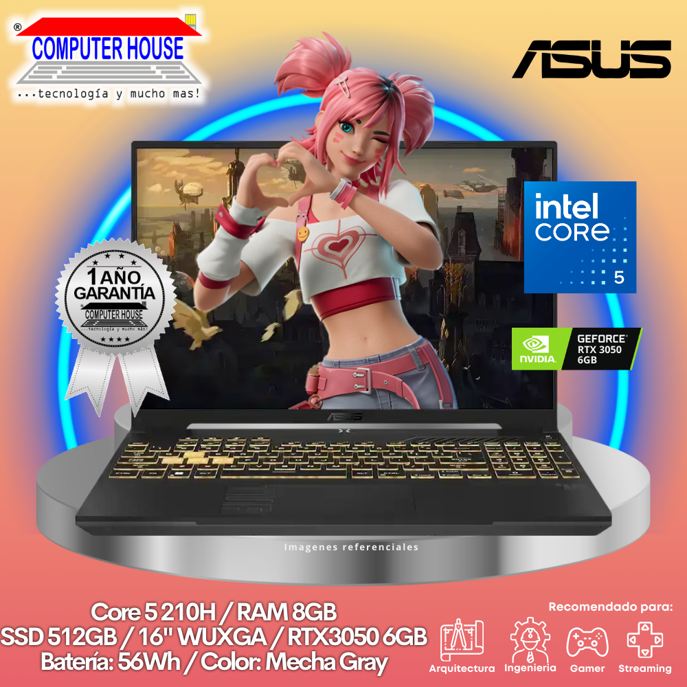 Laptop ASUS Tuf FX607VJ, Core 5-210H, RAM 8GB, SSD 512GB, RTX3050 4GB, 16" WUXGA, FreeDos.