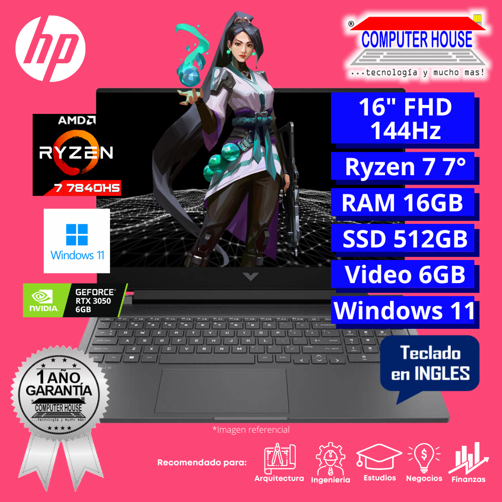 Laptop HP Victus 16, Ryzen 7-7840HS, RAM 16GB DDR5, SSD 512GB, 16
