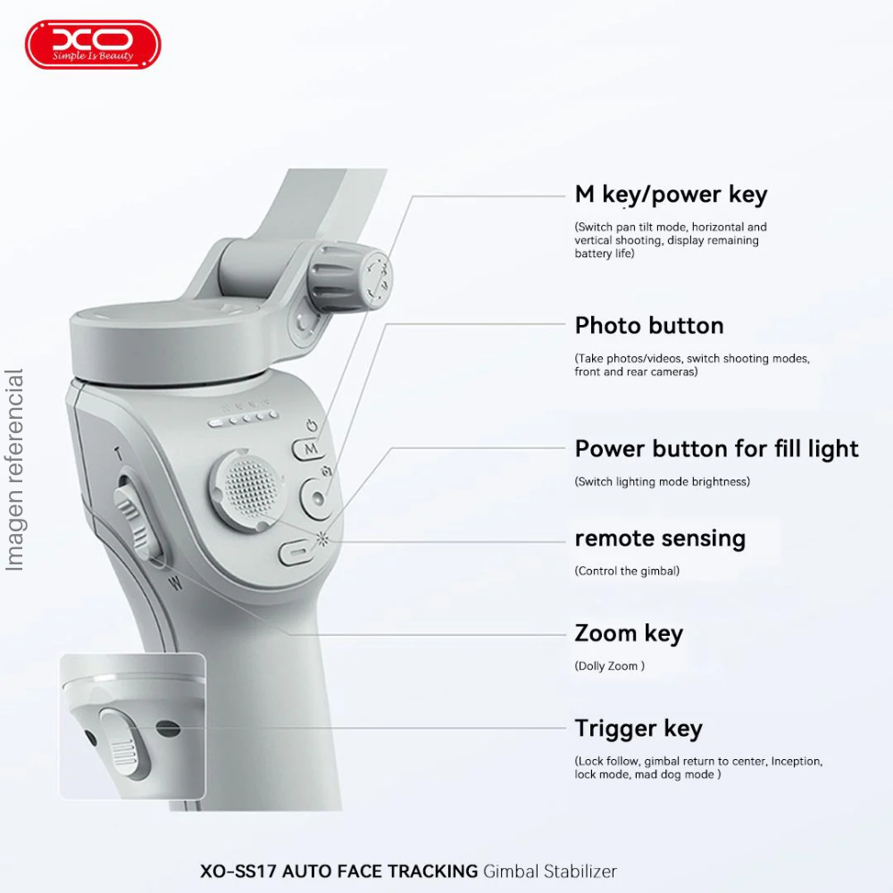 Estabilizador de celular XO SS17 portátil con inclinación de 3 ejes, selfie stick.