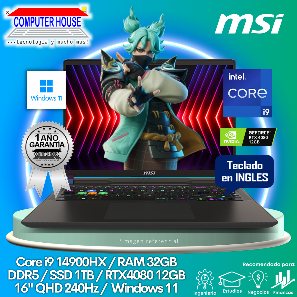 Laptop MSI Vector HXA14VHG, Core i9-14900HX, RAM 32GB DDR5, SSD 1TB, Video RTX4080 12GB, 16″ QHD 240Hz, Teclado en Inglés, Windows 11.