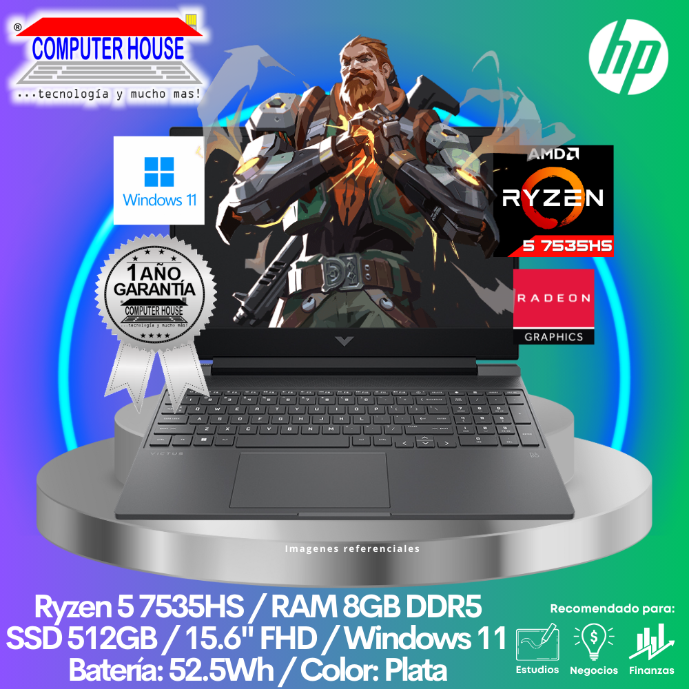 Laptop HP Victus, Ryzen 5-7535HS, RAM 8GB DDR5, SSD 512GB, RX6550M 4GB, 15.6