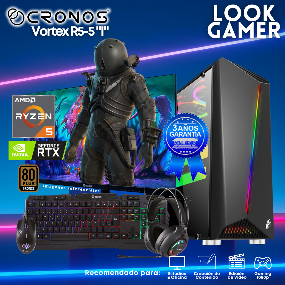 PC Look Gamer CRONOS Vortex R5-5 "I", RAM 16GB, SSD 1TB, Nvidia GeForce RTX5050 8GB, Monitor 27″ FHD.