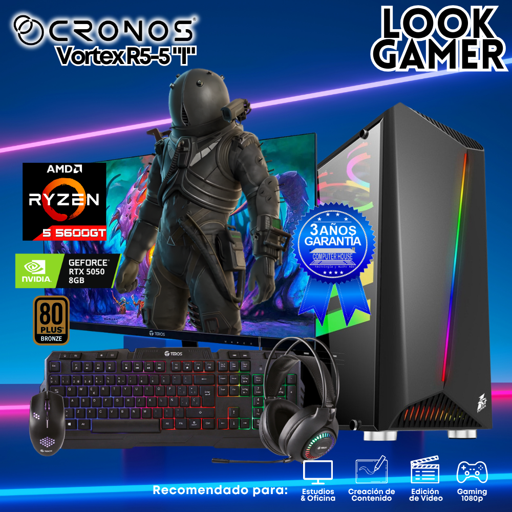 PC Look Gamer CRONOS Vortex R5-5 "I", RAM 16GB, SSD 1TB, RTX5050 8GB, Monitor 27″ FHD.