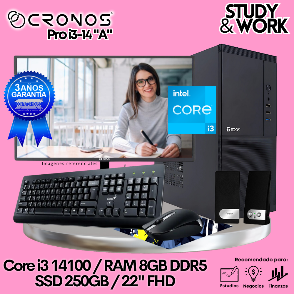PC CRONOS Pro i3-14 "A", 8GB DDR5 RAM, 250GB SSD, 22″ FHD Monitor, Keyboard + Mouse Kit, Speakers or Headphones.