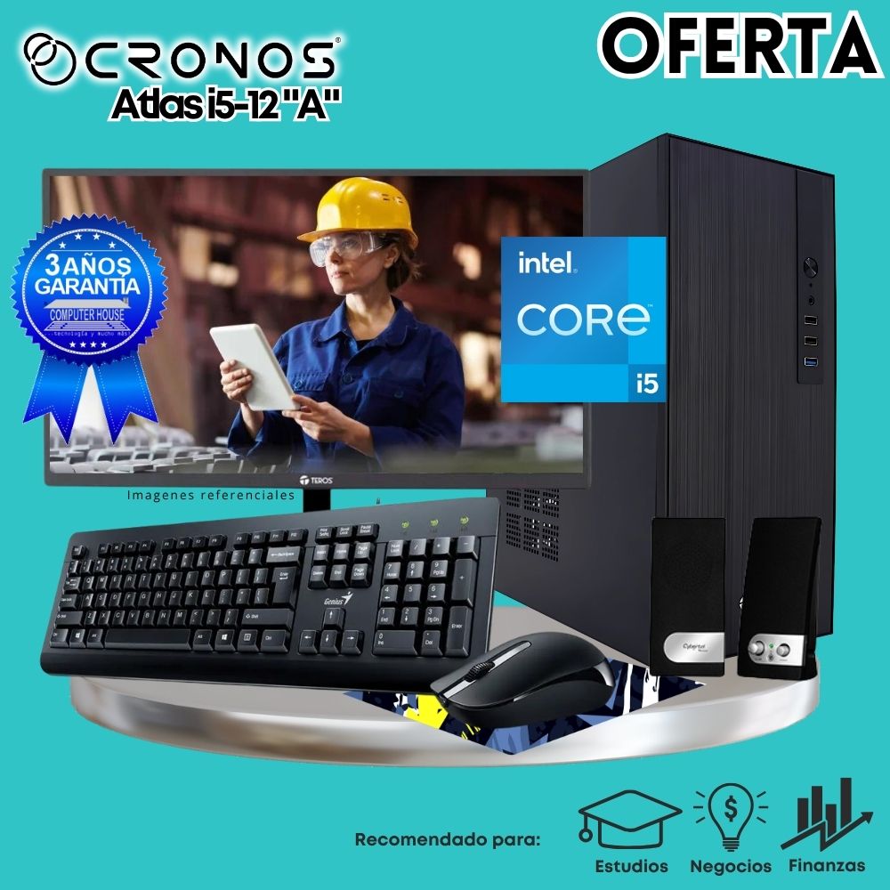 OFERTA: PC CRONOS Atlas i5-12 "A", RAM 8GB, SSD 250GB, Monitor 24″ FHD, Kit Teclado + Mouse, Parlantes.