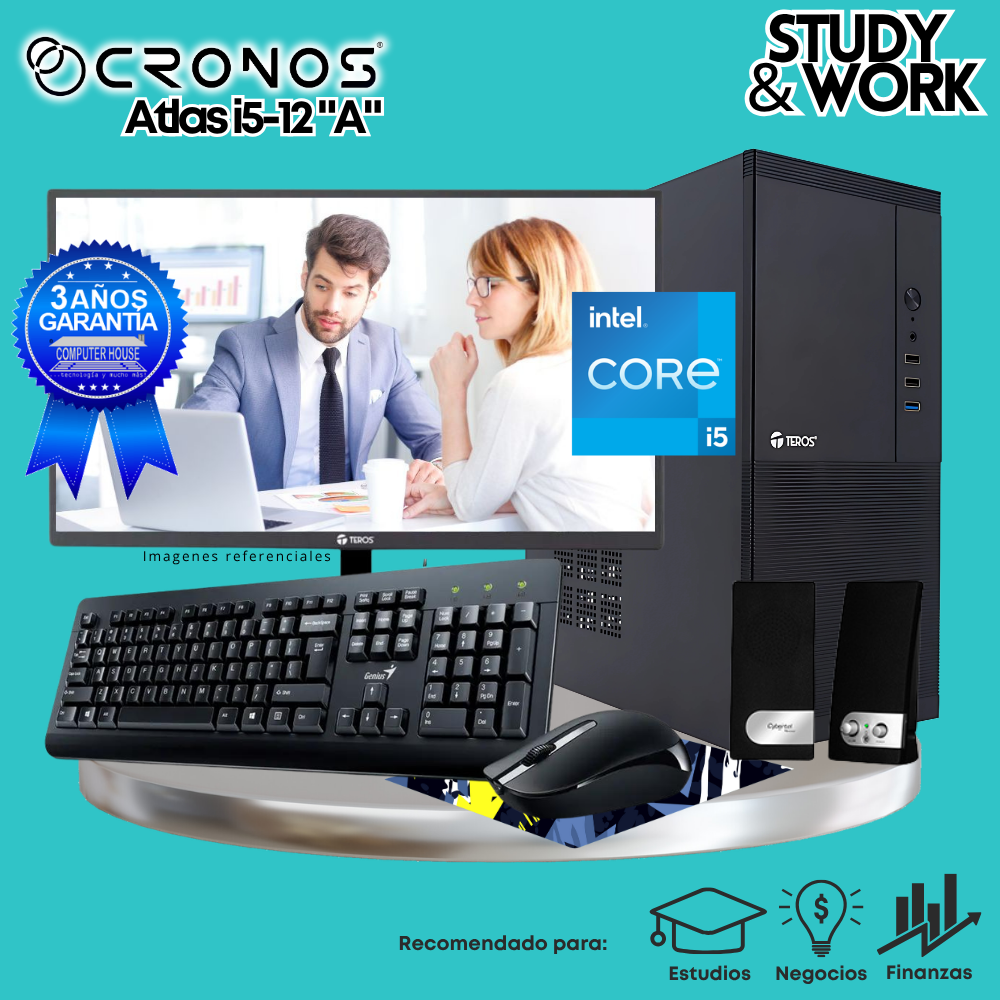 PC CRONOS Atlas i5-12 "A", RAM 8GB, SSD 250GB, Monitor 24″ FHD, Kit Teclado + Mouse, Parlantes o Audífono.