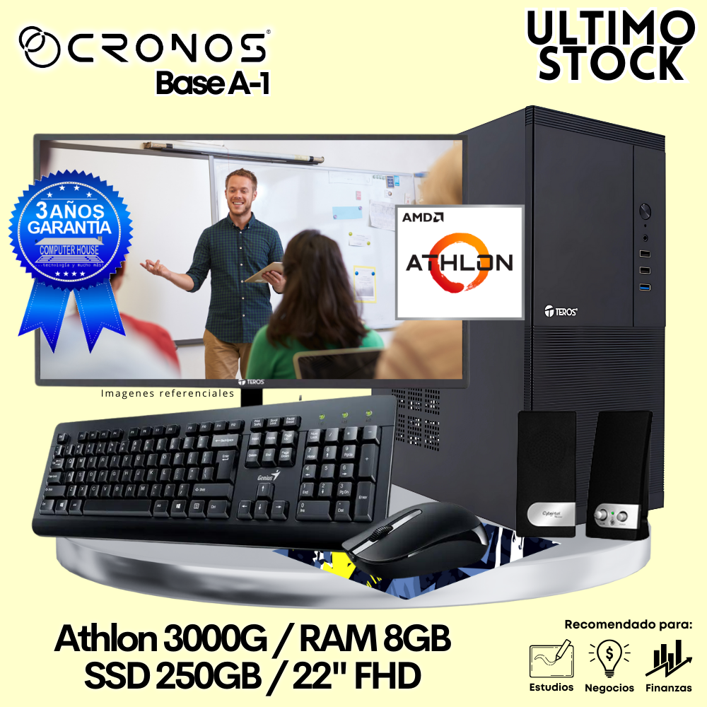 Ultimo Stock: PC CRONOS Base A-1, RAM 8GB, SSD 250GB, Monitor 22″ FHD, Kit Teclado + Mouse, Parlantes o Audífono.