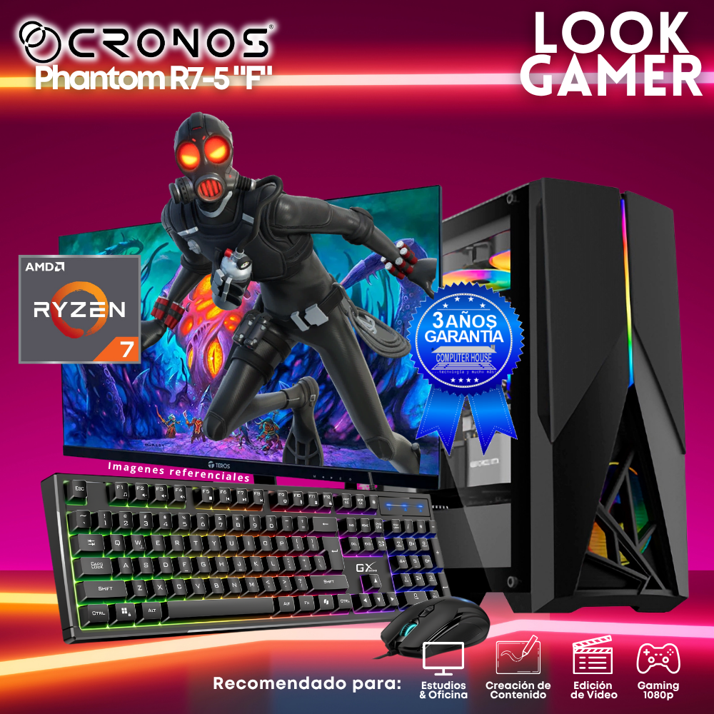 PC Look Gamer CRONOS Phantom R7-5 "F", RAM 16GB, SSD 500GB, Monitor 24″ FHD.