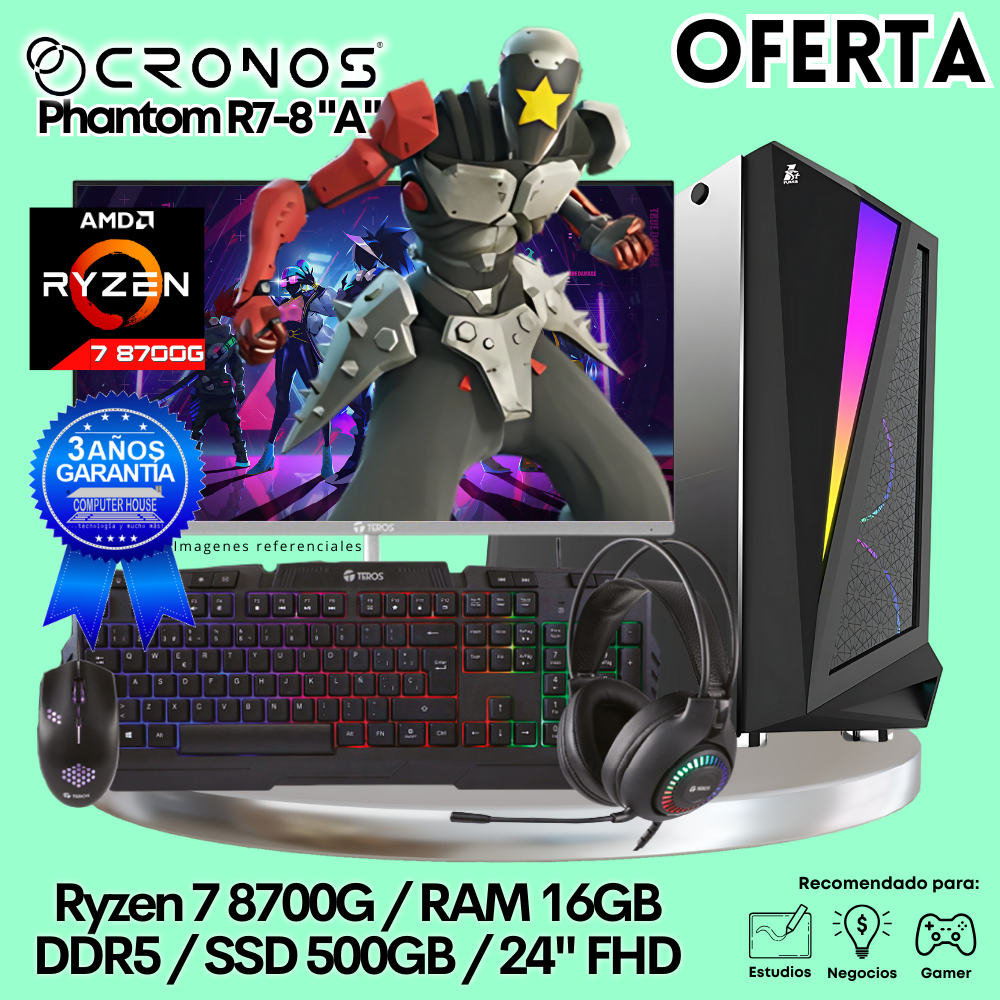 OFFER: PC Look Gamer CRONOS Phantom R7-8700G, 16GB DDR5 RAM, 500GB SSD, 24″ FHD Monitor.