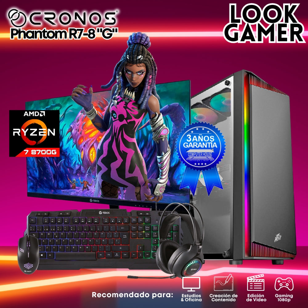 PC Look Gamer CRONOS Phantom R7-8 "G", RAM 16GB, SSD 1TB, Monitor 27″ FHD.