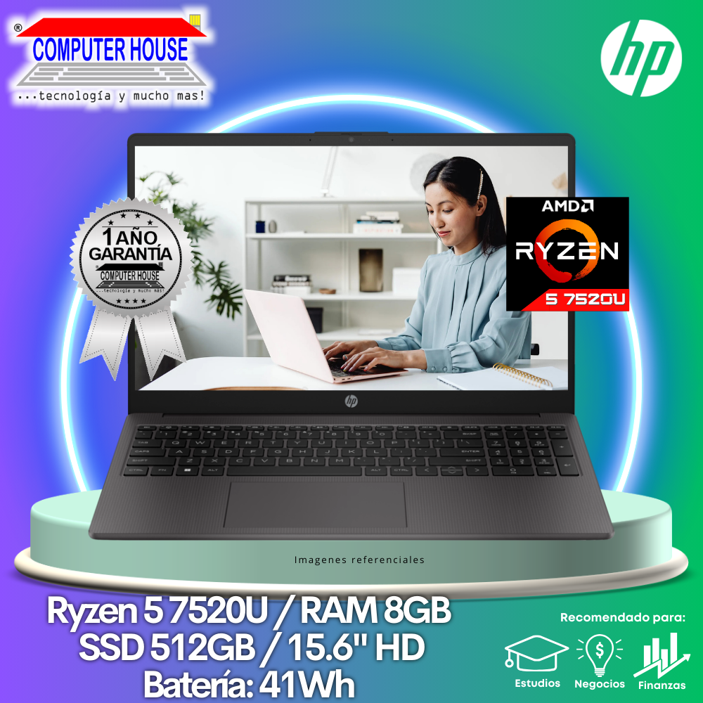 Laptop HP 255 G10, Ryzen 5-7520U, RAM 8GB, SSD 512GB, 15.6″ HD, FreeDos.