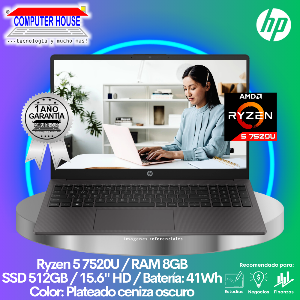 Laptop HP 255 G10, Ryzen 5-7520U, RAM 8GB, SSD 512GB, 15.6″ HD, FreeDos.