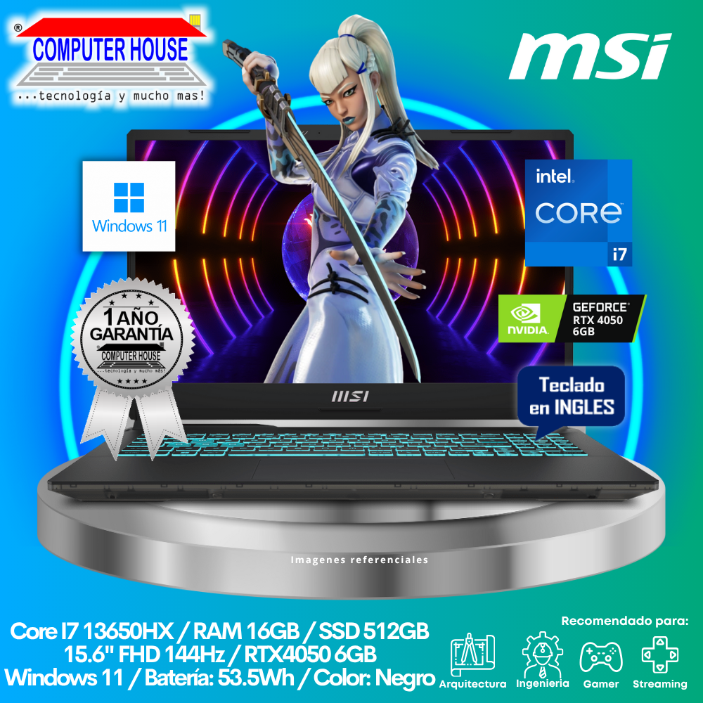 Laptop MSI Cyborg A13VE, Core i7-13620HX, RAM 16GB DDR5, SSD 512GB, Video RTX4050 6GB, 15.6" FHD 144Hz, Teclado en Inglés, Windows 11.