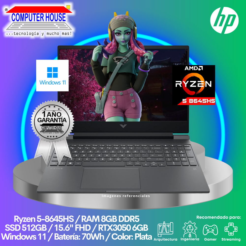 Laptop HP Victus, Ryzen 5-8645HS, RAM 8GB DDR5, SSD 512GB, RTX3050 6GB, 15.6" FHD, Windows 11.