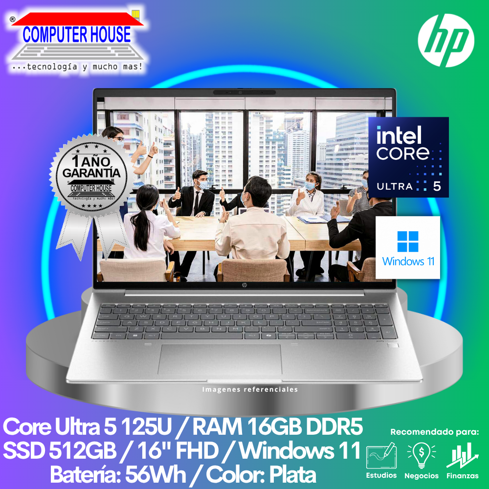 HP ProBook 460 Laptop, Core Ultra 5-125U, 16GB DDR5 RAM, 512GB SSD, 16" FHD, Windows 11.