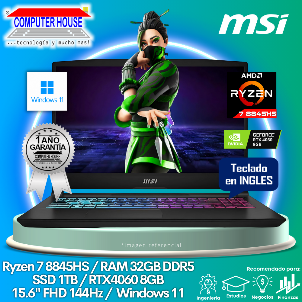 Laptop MSI Katana, Ryzen 7-8845HS, RAM 32GB DDR5, SSD 1TB, Video RTX4060 8GB, 15.6