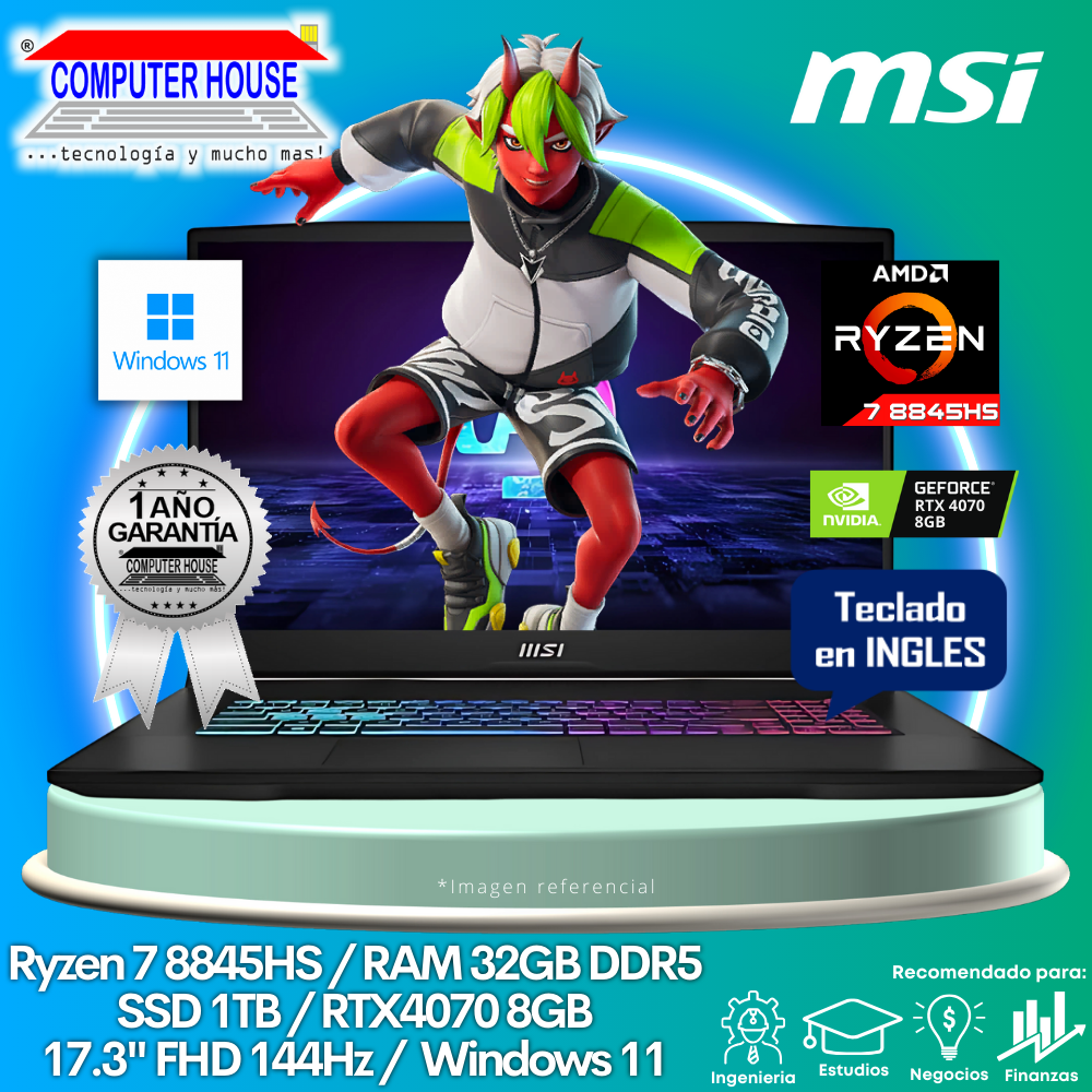 Laptop MSI Katana, Ryzen 7-8845HS, RAM 32GB DDR5, SSD 1TB, Video RTX4070 8GB, 17.3