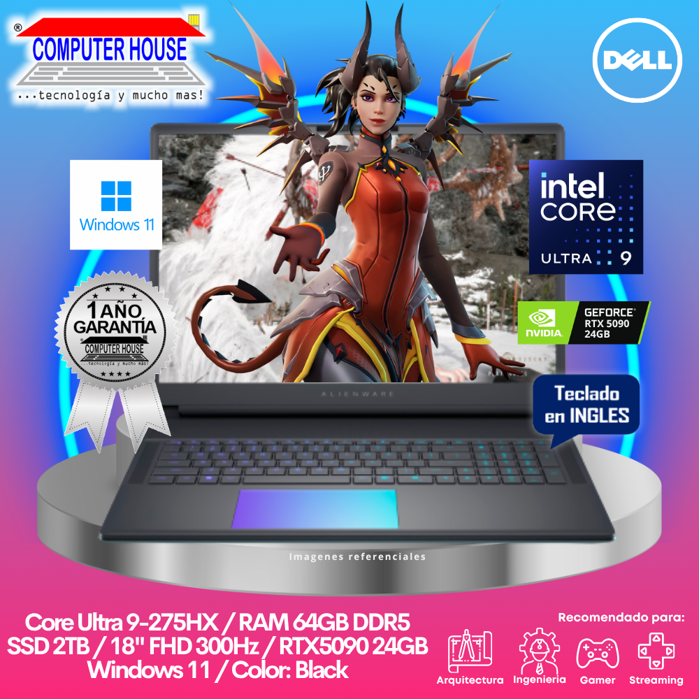 Laptop DELL Alienware 18 , Core Ultra 9-275HX, RAM 64GB DDR5, SSD 2TB, RTX5090 24GB, 18" FHD 300Hz, Teclado en Inglés, Windows 11.