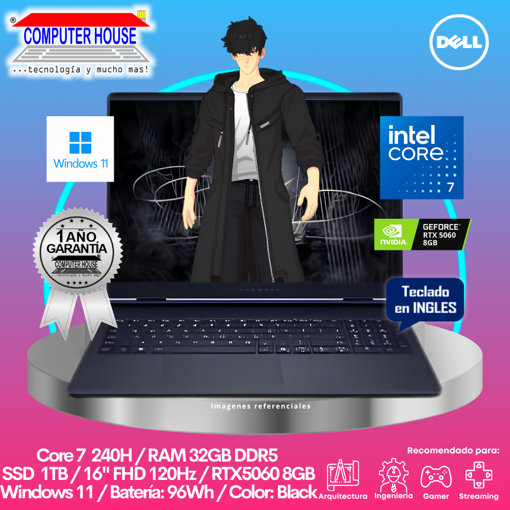 Laptop DELL Alienware, Core 7-240H, RAM 32GB DDR5, SSD 1TB, RTX5060 8GB, 16" FHD 120Hz, Teclado en Inglés, Windows 11.