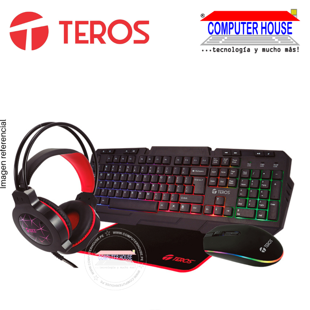 TEROS Kit alámbrico teclado mouse audífonos pad TE-4060R conexión USB.