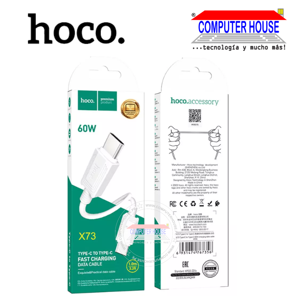 Cable HOCO USB-C a USB-C X73 con longitud 1 metro.