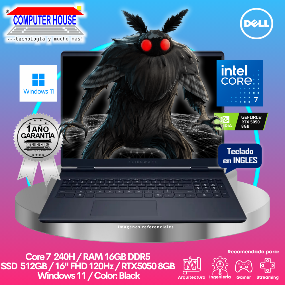 Laptop DELL Alienware 16 Aurora, Core 7-240H, RAM 16GB DDR5, SSD 512GB, Video RTX5050 8GB, 16" FHD 120Hz, Teclado en Inglés, Windows 11.