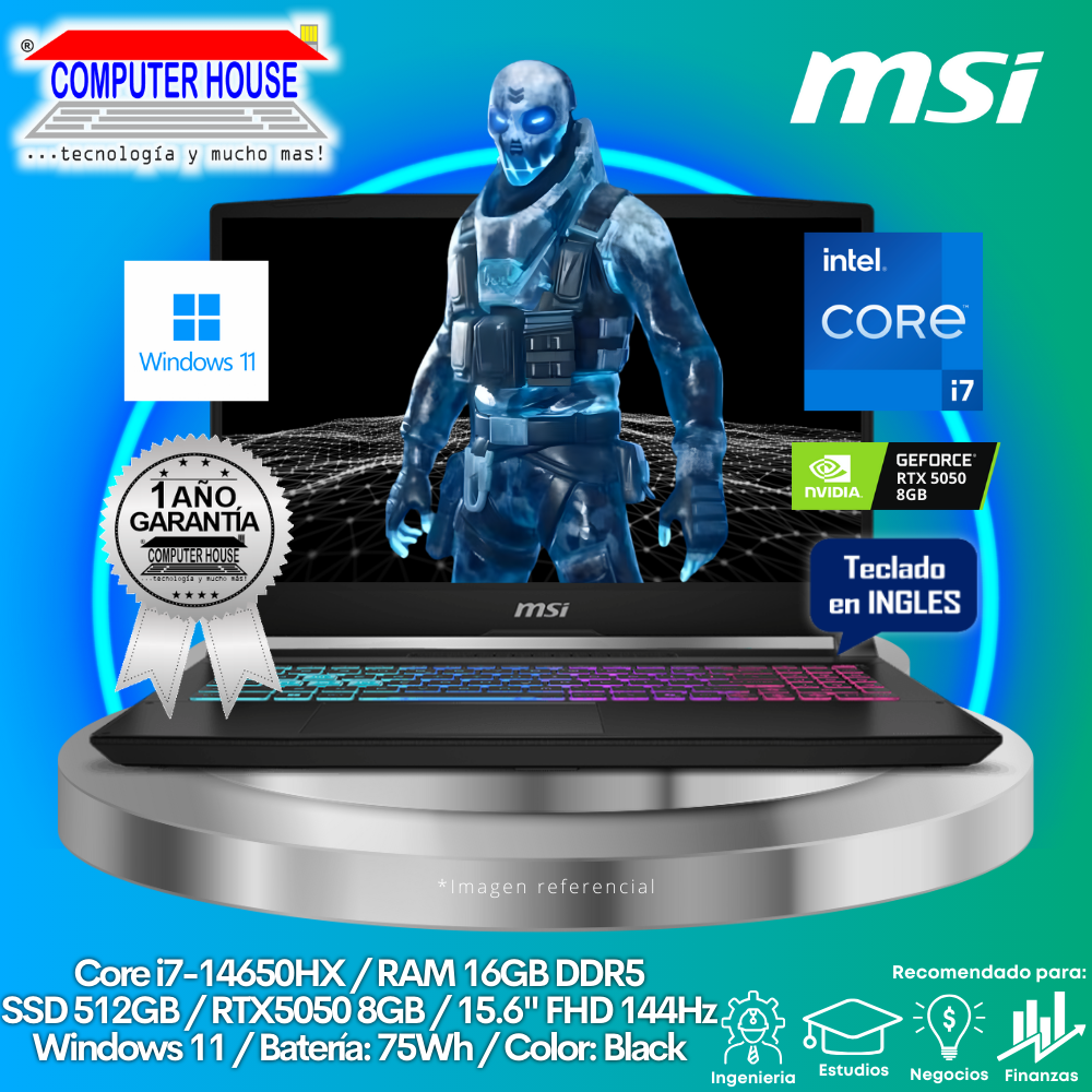 Laptop MSI Katana B14WEK, Core i7-14650HX, RAM 16GB DDR5, SSD 512GB, Video RTX5050 8GB, 15.6" FHD 144Hz, Teclado en Inglés, Windows 11.
