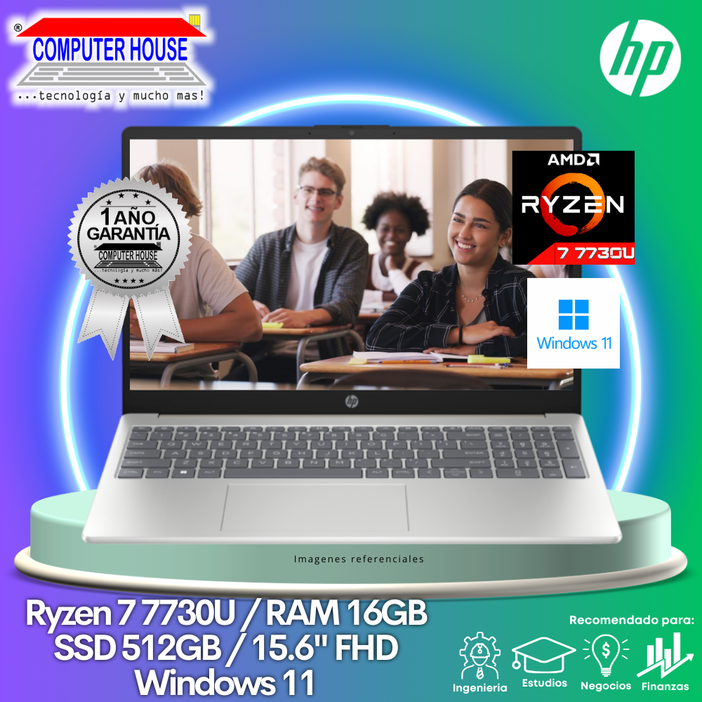 Laptop HP, Ryzen 7-7730U, RAM 16GB, SSD 512GB, 15.6″ FHD, Windows 11.