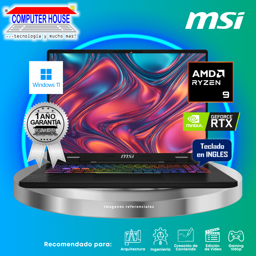 Laptop MSI Crosshair A16 HX, Ryzen 9-8945HS, RAM 16GB DDR5, SSD 1TB, Nvidia GeForce RTX5060 8GB, 16" FHD 240Hz, Teclado en Inglés, Windows 11.