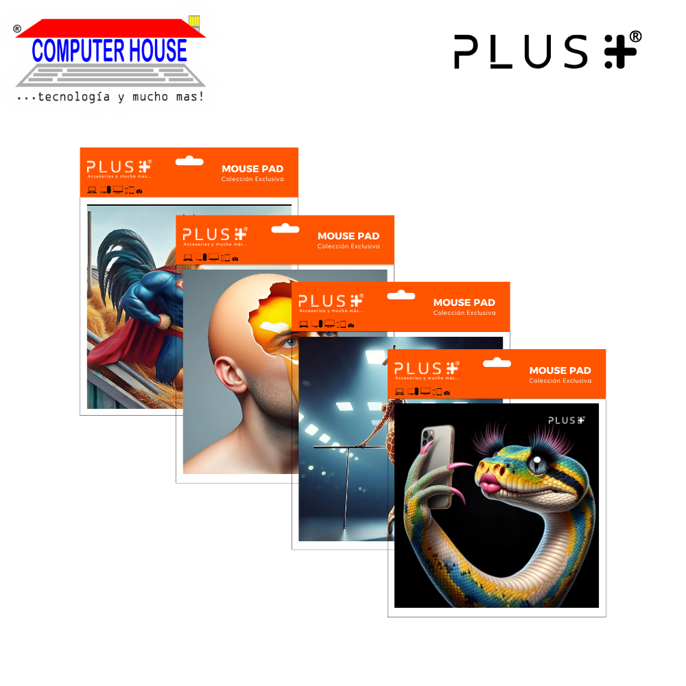 Pad Mouse Premium PLUS, colección Curiosidades, antideslizante, superficie de tela, 20x20x0.5cm, diseño variado.