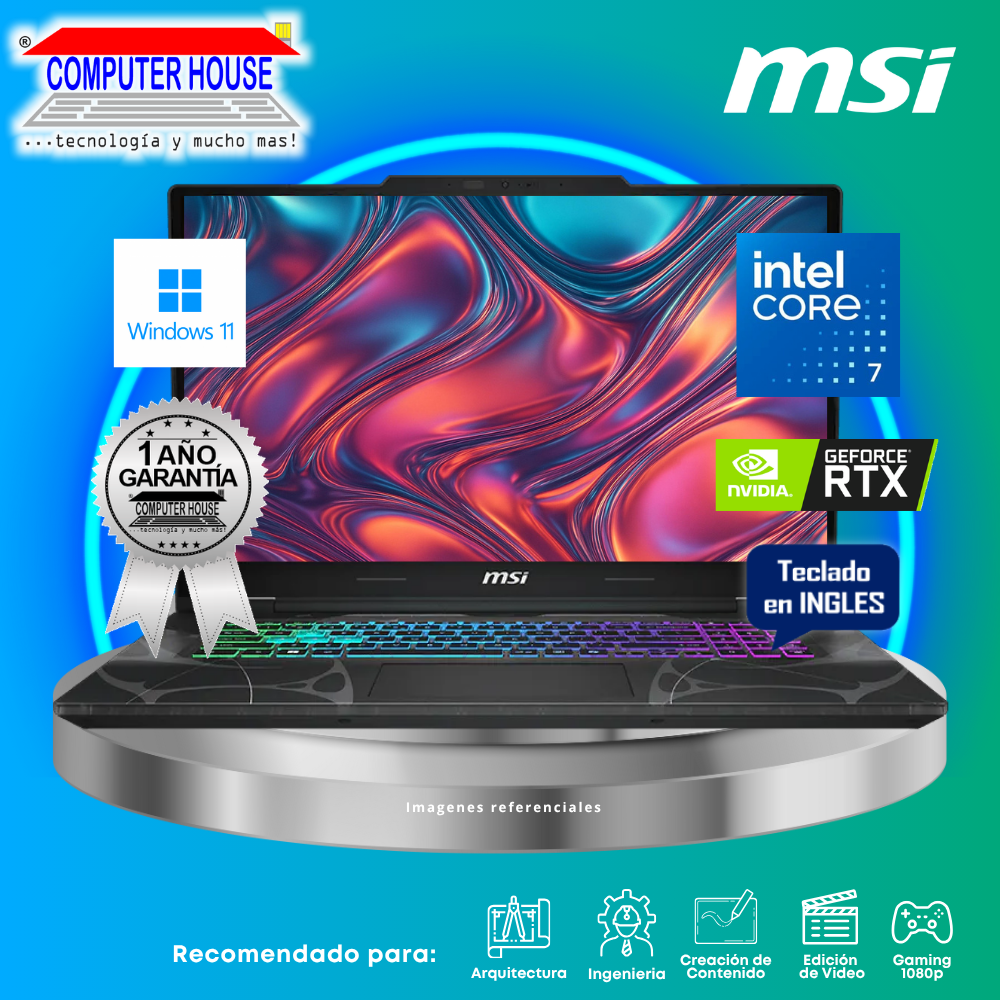 Laptop MSI Cyborg 15, Core 7-240H, RAM 16GB DDR5, SSD 1TB, Nvidia GeForce RTX5070 8GB, 15.6" FHD 144Hz, Teclado en Inglés, Windows 11.