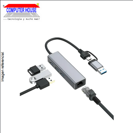 Adaptador de red Ethernet a USB + TipoC Genérico CLAN-100, 10/100/1000Mbps Gigabit + 3PTOS USB.