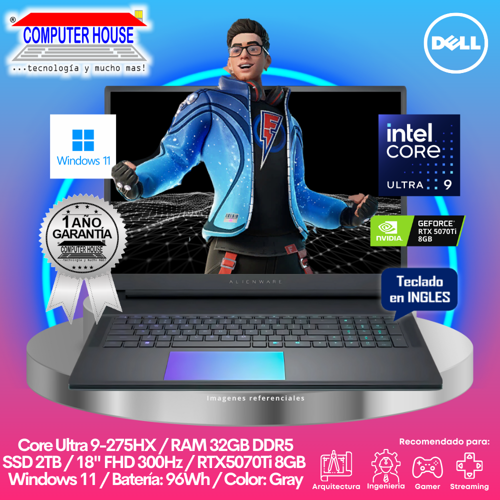 Laptop DELL Alienware, Core Ultra 9-275HX, RAM 32GB DDR5, SSD 2TB, Video RTX5070Ti 8GB, 18" FHD 300Hz, Teclado en Inglés, Windows 11.