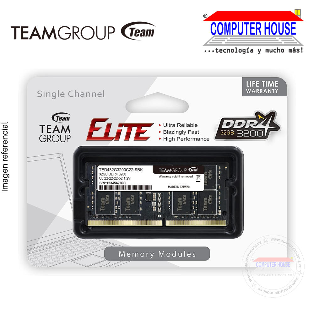 Memoria RAM DDR4 32GB TEAMGROUP SODIMM, 3200MHz, ELITE, CL22, 1.2V