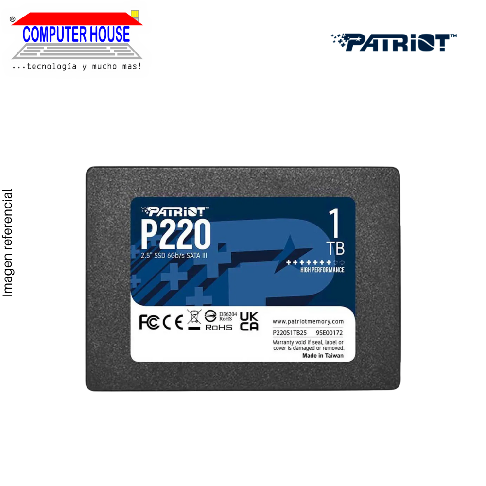 Unidad en estado sólido PATRIOT 1TB, P220, SSD 2.5" Sata (Lectura máxima 550MB/s, Escritura máxima 500MB/s).