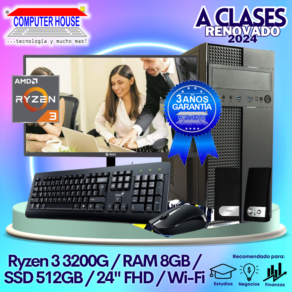 OFERTA TRABAJO & ESTUDIOS: Ryzen 3-3200G, RAM 8GB, SSD 512GB, Wi-Fi, Monitor 24″ FHD, Teclado + Mouse + Parlantes.