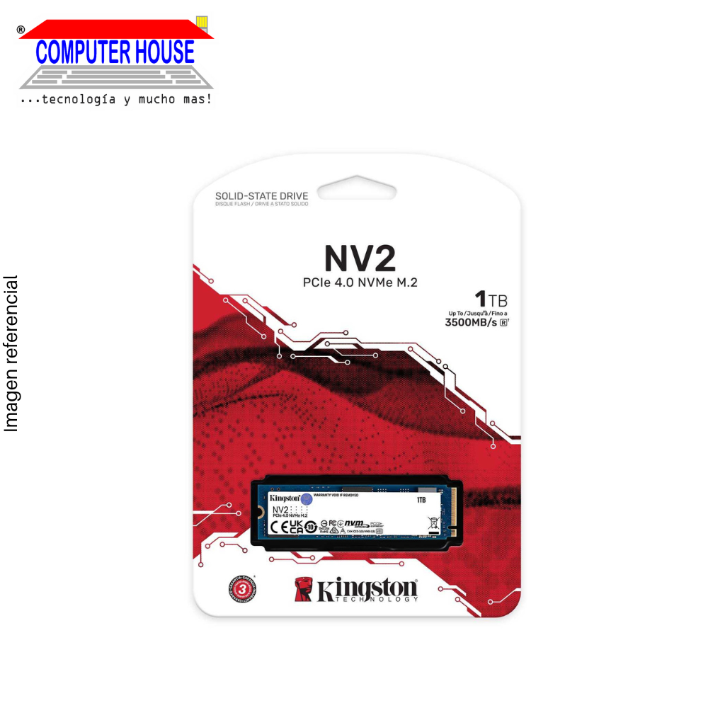 Disco Sólido SSD M.2 NVMe PCIe KINGSTON 1TB, NV2 (Lectura máxima 3500Mb/s, Escritura máxima 2100Mb/s).