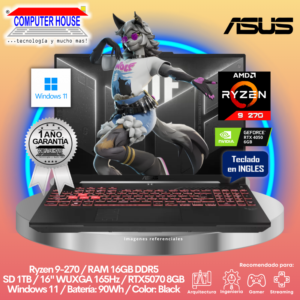 Laptop ASUS RogStrix, Ryzen 9-270, RAM 16GB DDR5, SSD 1TB, Video RTX5070 8GB, 16" WUXGA 165Hz, Teclado en Inglés, Windows 11.