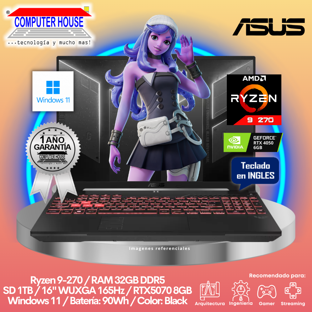 Laptop ASUS RogStrix, Ryzen 9-270, RAM 32GB DDR5, SSD 1TB, Video RTX5070 8GB, 16" FHD 165Hz, Teclado en Inglés, Windows 11.