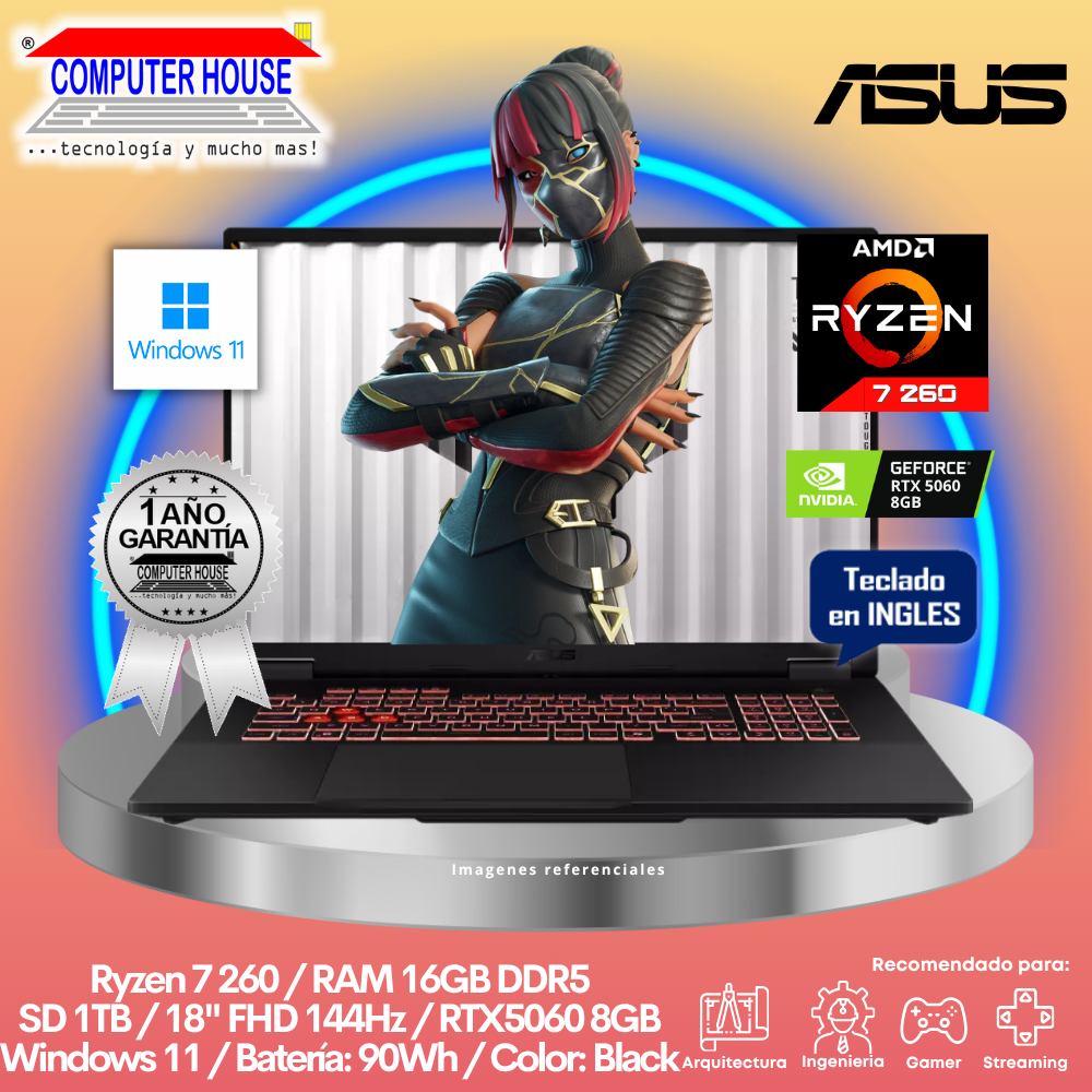 ASUS Tuf Dash FA617NT Laptop, Ryzen 7-7735HS, 32GB DDR5 RAM, 1TB SSD, RX7600S 8GB Video, 16" FHD 165Hz, English Keyboard, Windows 11.