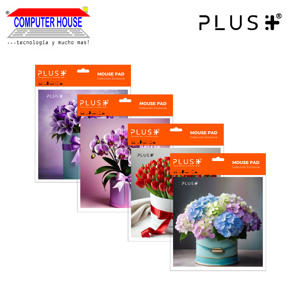 Pad Mouse Premium PLUS, colección Flores, antideslizante, superficie de tela, 20x20x0.5cm, diseño variado.
