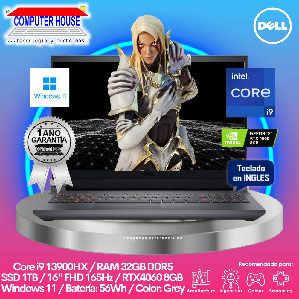 DELL G5530 Laptop, Core i9-13900HX, RAM 32GB DDR5, 1TB SSD, RTX4060 8GB, 16" FHD 165Hz, English Keyboard, Windows 11.