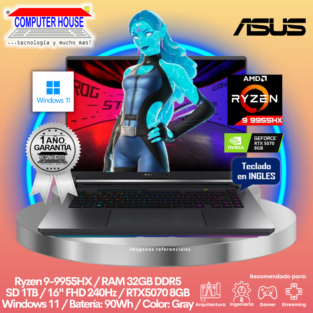 Laptop ASUS Rog Strix G16, Ryzen 9-9955HX, RAM 32GB DDR5, SSD 1TB, RTX5070 8GB, 16" FHD 240Hz, Windows 11.