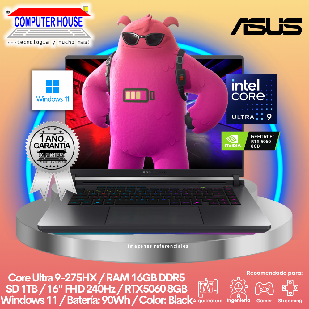 Laptop ASUS Rog Strix 16, Core Ultra 9-275HX, RAM 16GB DDR5, SSD 1TB, RTX5060 8GB, 16" FHD 240Hz, Teclado en Inglés, Windows 11.