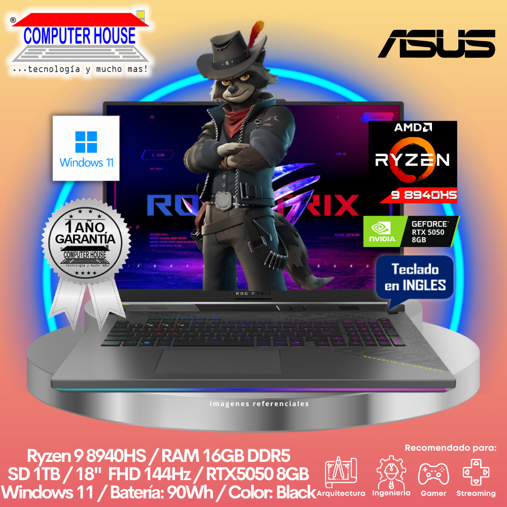 Laptop ASUS RogStrix, Ryzen 9-8940HS, RAM 16GB DDR5, SSD 1TB, Video RTX5050 8GB, 18" FHD 144Hz, Teclado en Inglés, Windows 11.